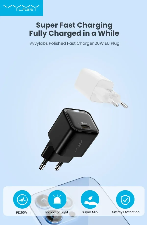 VyVylabs Polished Fast Charger 20W C EU Plug Black